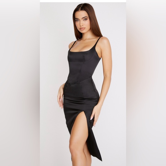 House of Cb CASIMIRa BLACK SATIN CORSET MIDI DRESS - Picture 3 of 10